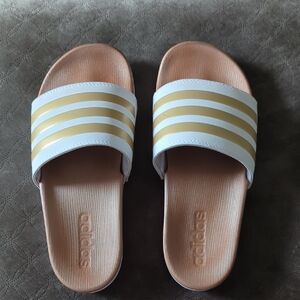 Adidas White Slides with Gold Stripes